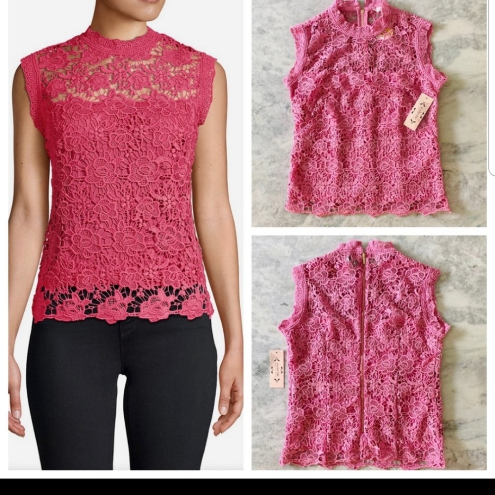 Nanette Lepore Cap Sleeve High Neck Lace Top Pink